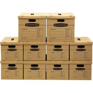 imageBankers Box Classic Moving Box 10 Pack Kit Reinforced Handles TapeFree Assembly Box with Lid 2 Small 6 Medium and 2 Large Boxes 7716801
