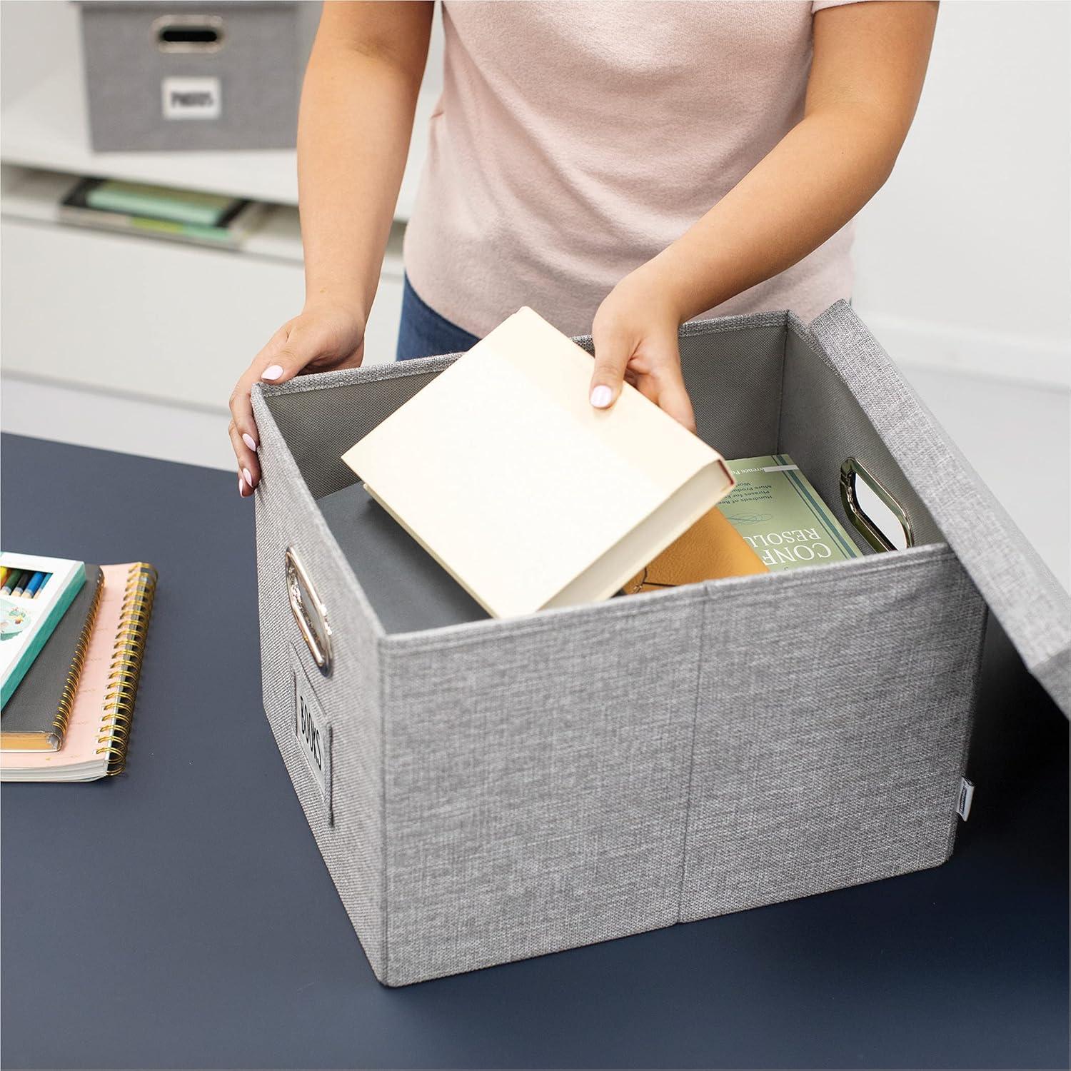 imageBankers Box Foldable Linen Fabric Storage Box with Lid and Metal Handles 15 x 12 x 10